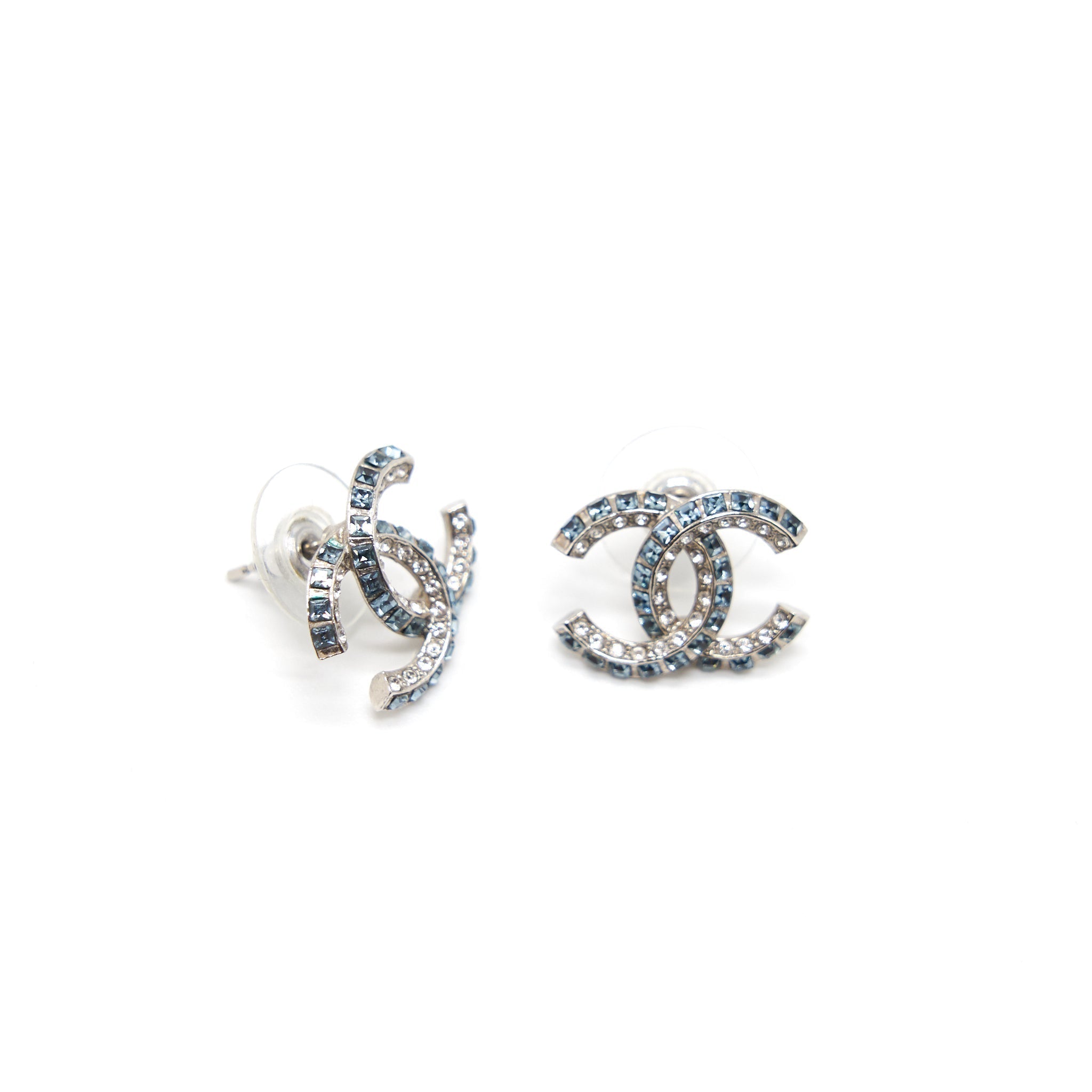 Chanel CC Crystal Stud Earrings in Blue and White Crystals