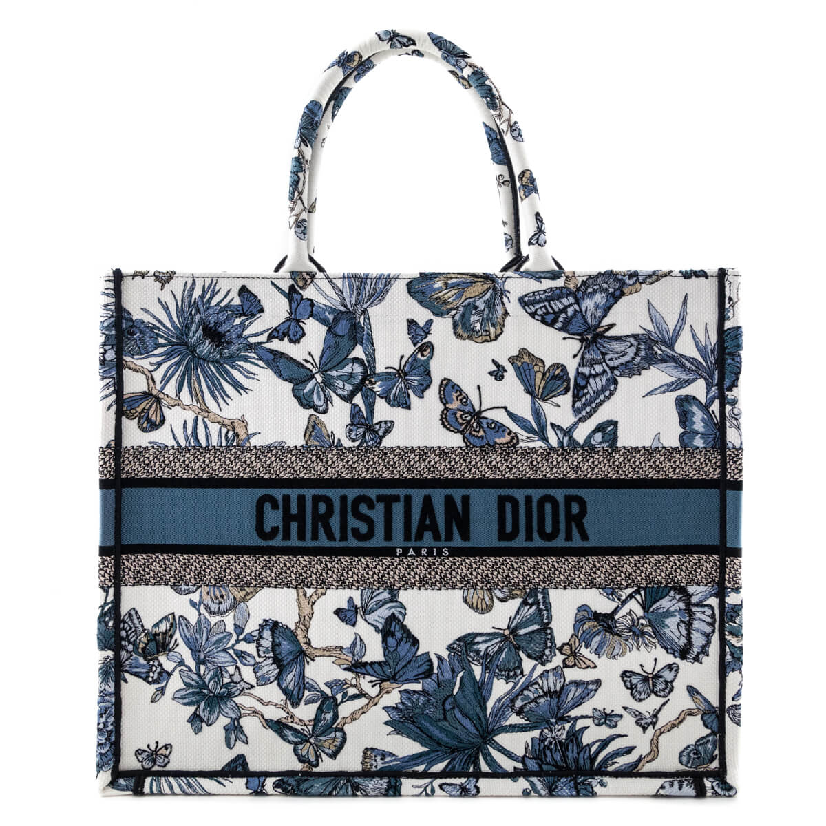 Dior Blue Canvas Embroidered Butterfly 2023 Large Book Tote