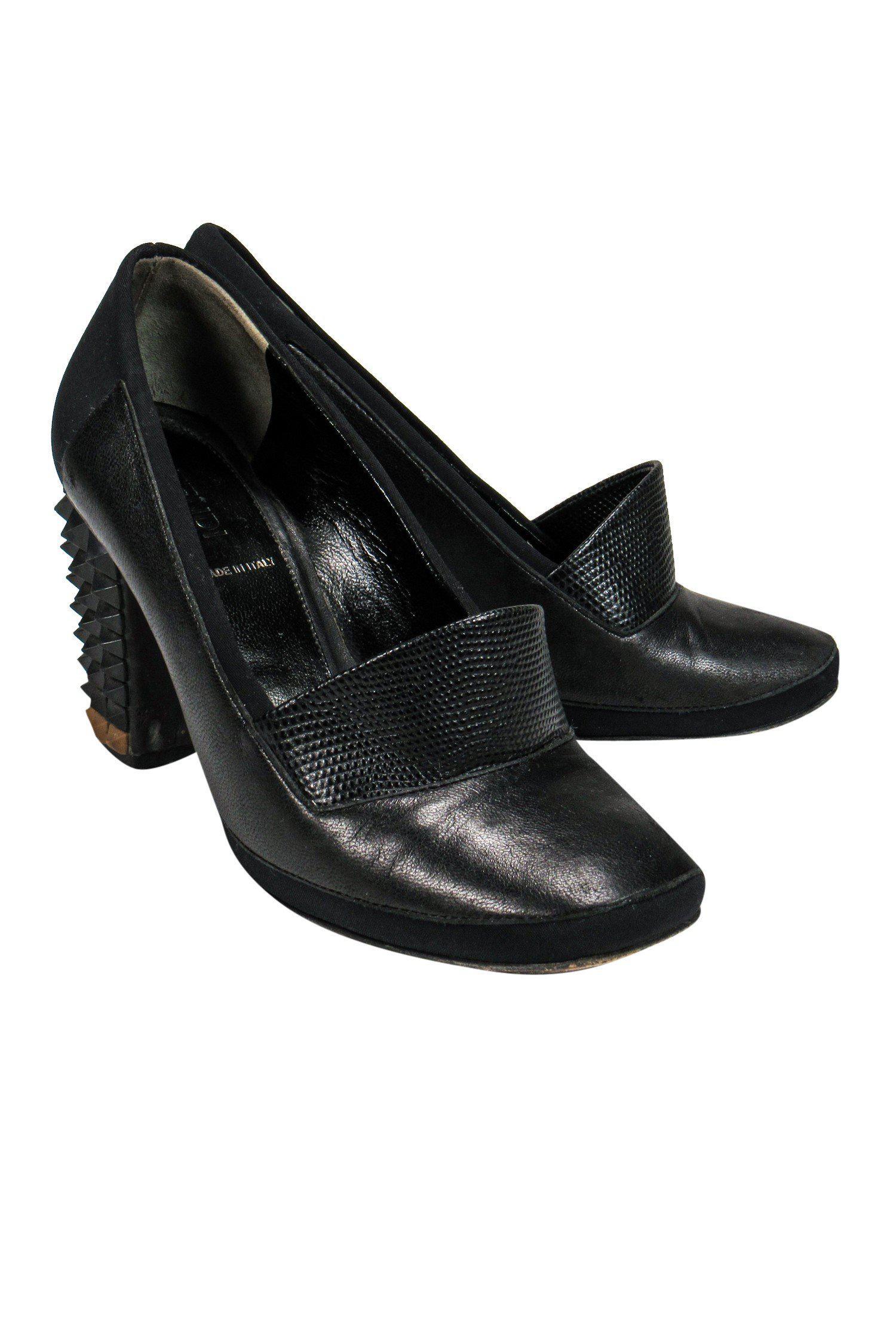 Fendi - Black Loafer-Style Pumps w/ Studded Heel Sz 6