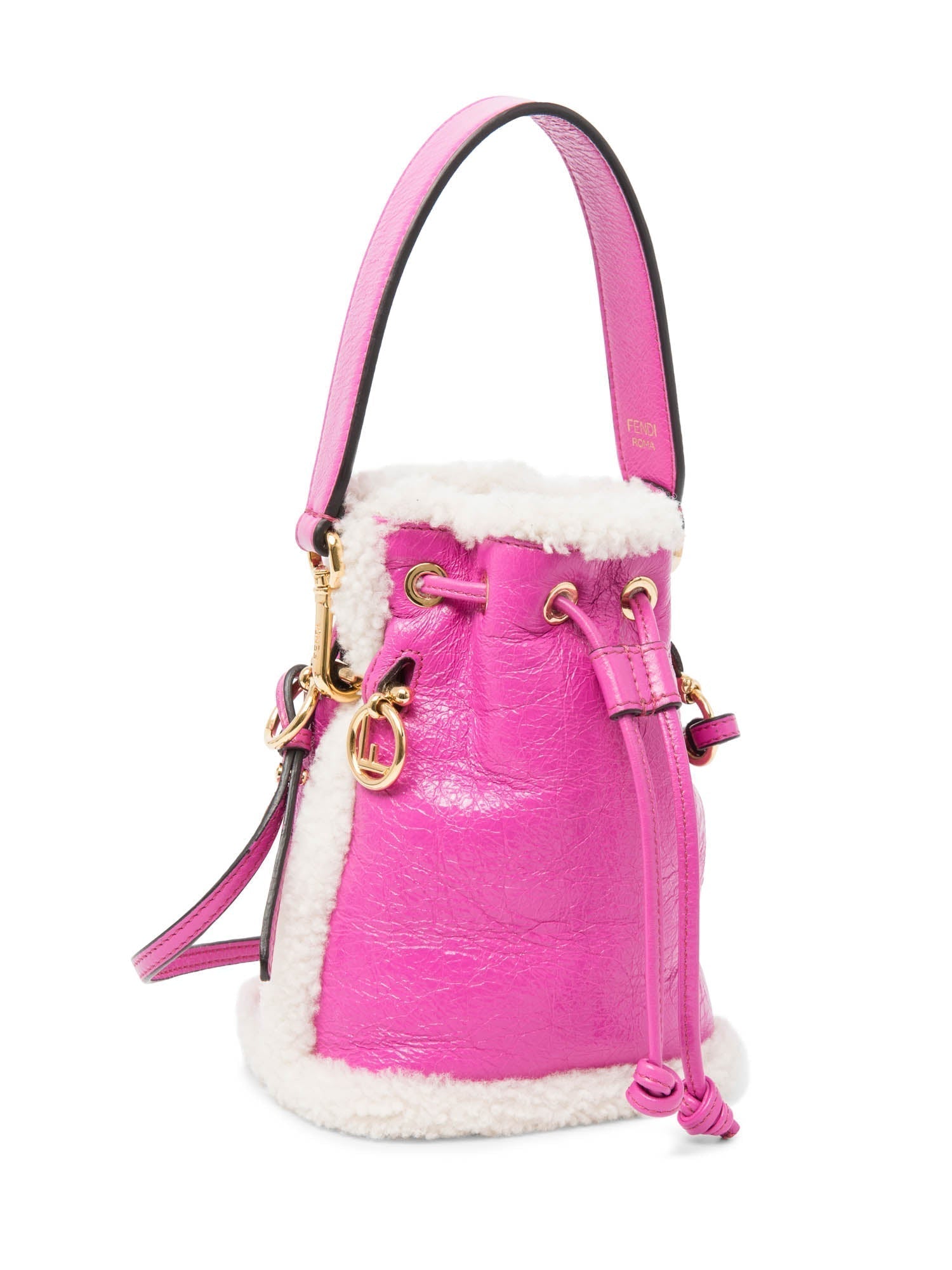 Fendi FF Logo Leather Shearling Mon Tresor Mini Bucket Bag Pink Gold