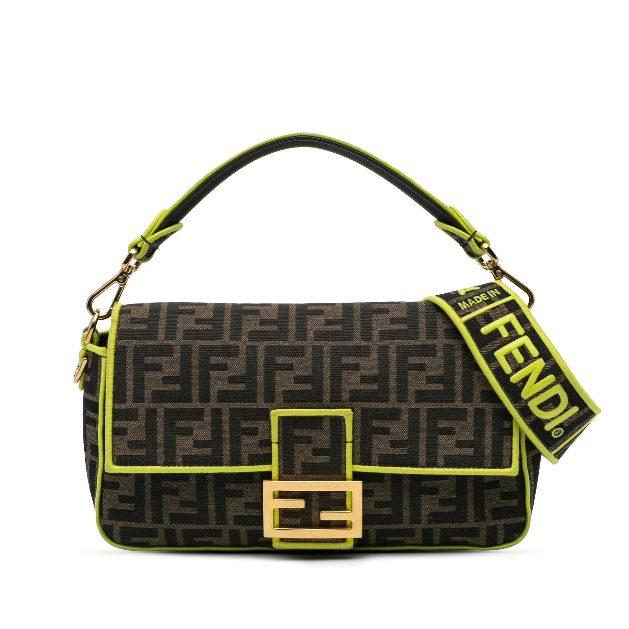 Fendi Medium Zucca Canvas Fluo Trim Baguette Satchel