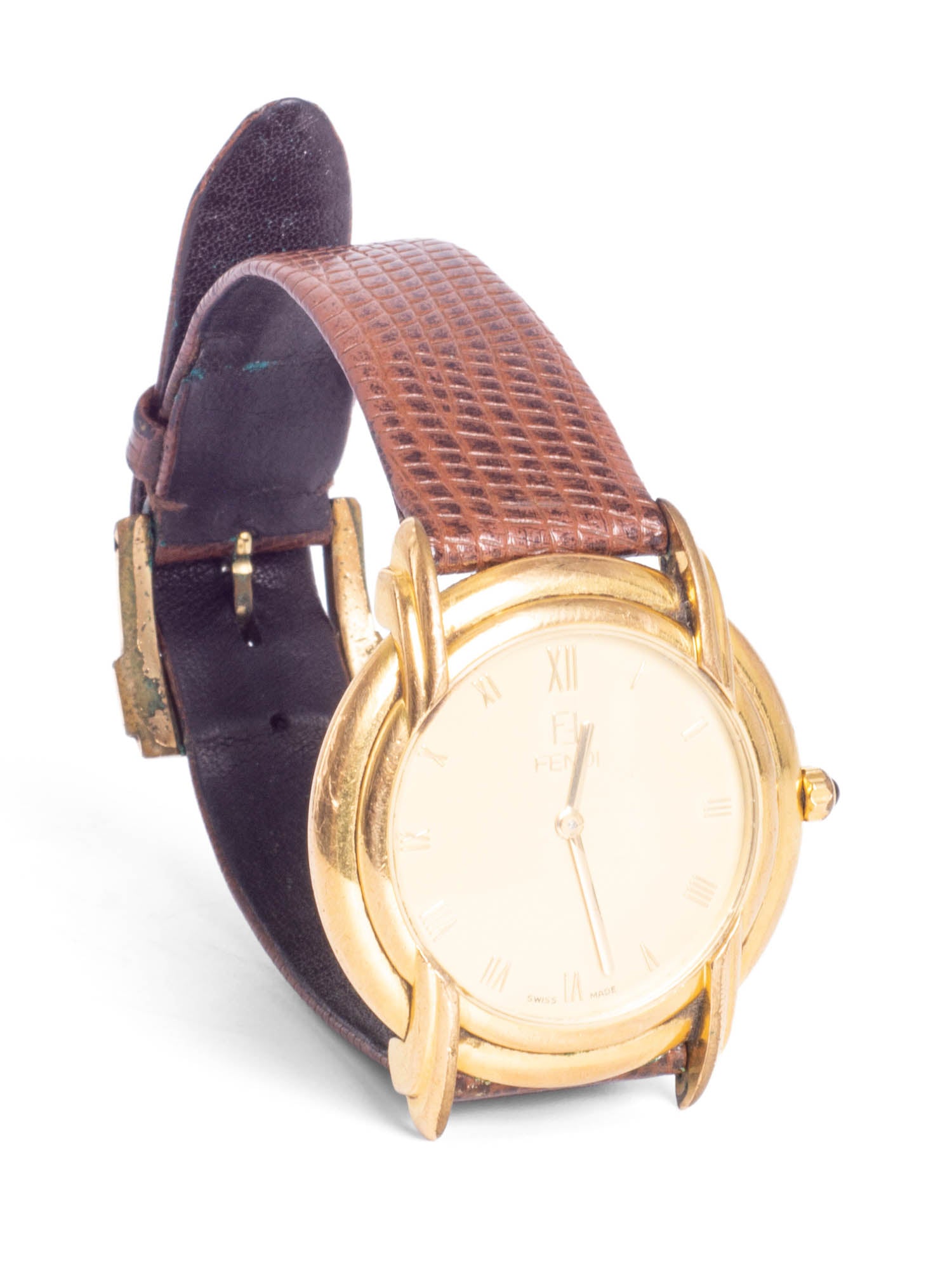 Fendi Snakeskin Leather Strap 24 Gold Plated Watch Brown