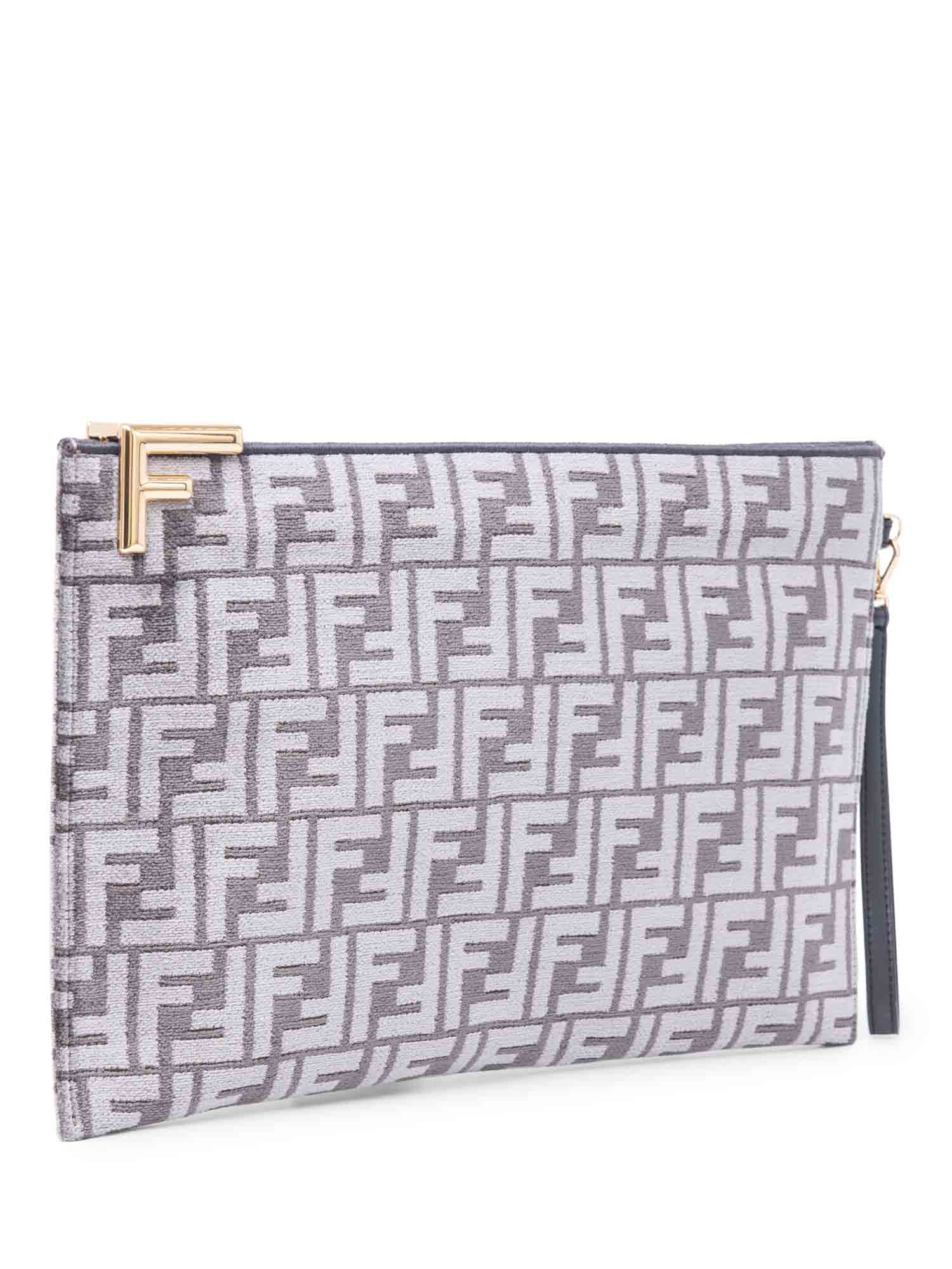 Fendi Unisex Zucca Zippered Large Clutch Grey Gold