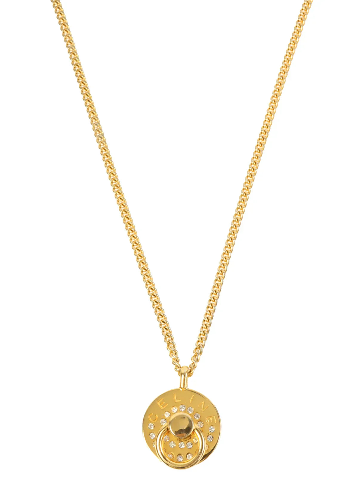 CELINE Rhinestone Round Logo Plate Necklace