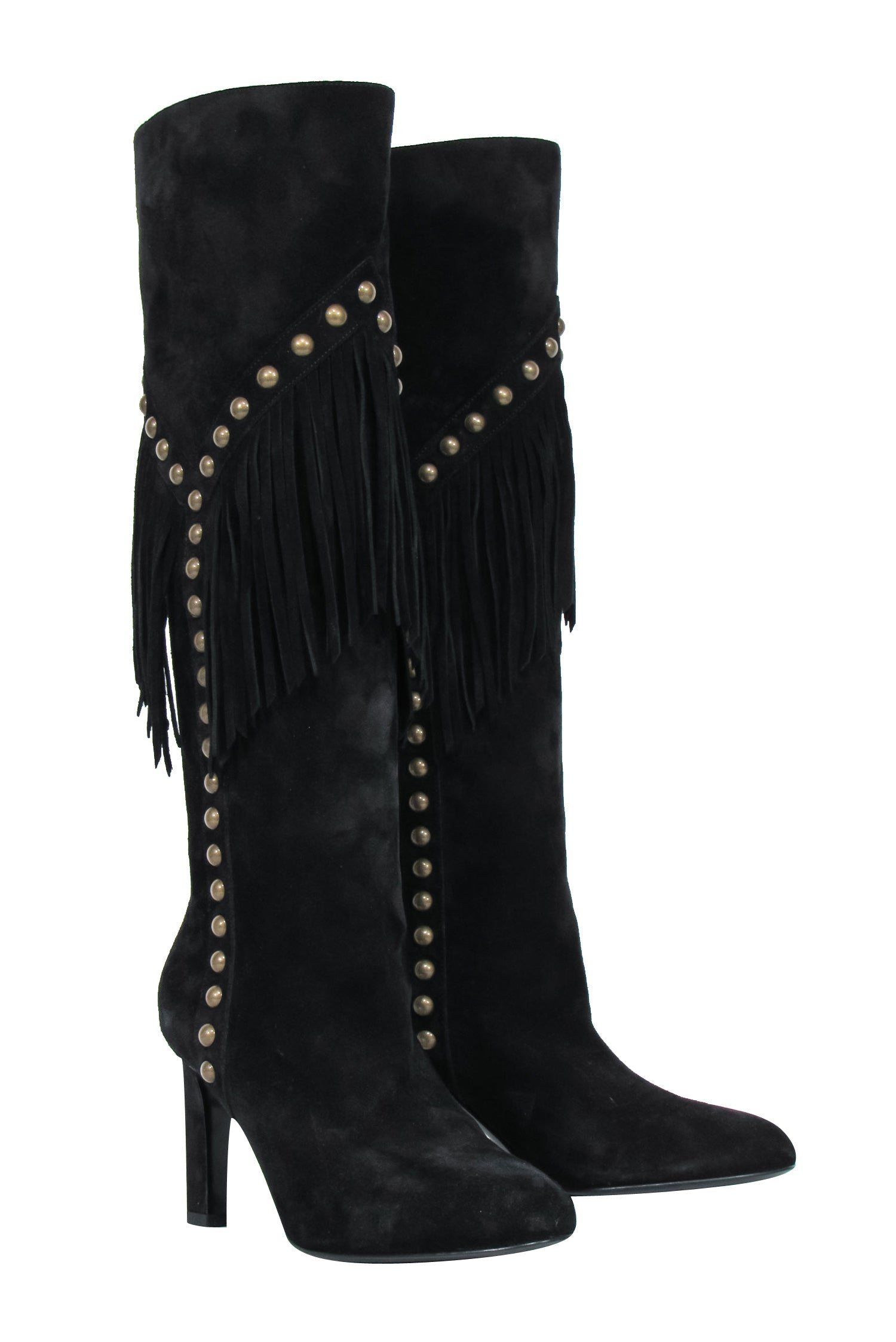 Saint Laurent - Black Suede Fringe Boots w/ Brass Studs Sz 6.5