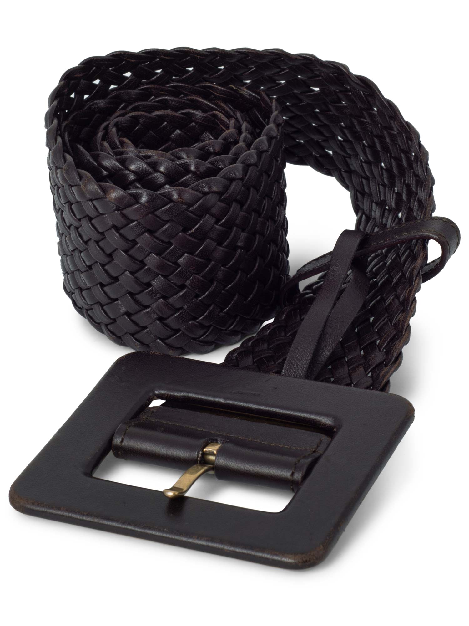 Yves Saint Laurent Leather Woven Large Buckle Belt Brown