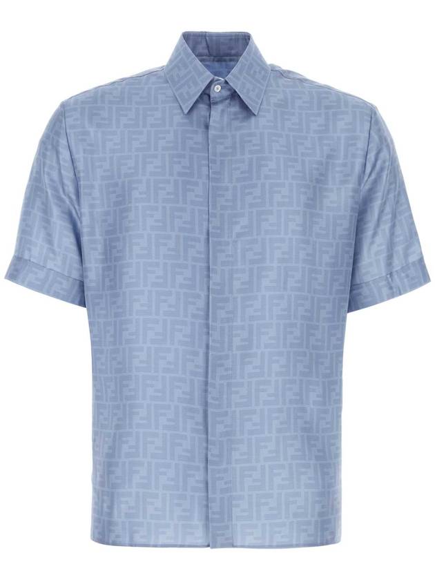 Fendi Men's FF Motif Silk Short Sleeve Shirt Blue