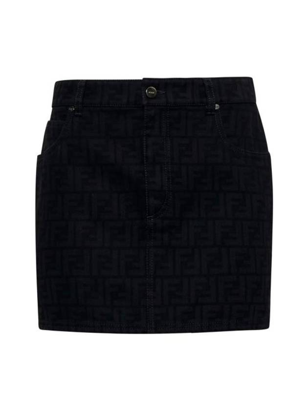 Fendi FF Denim Mini A-line Skirt Black