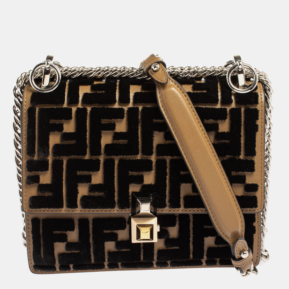 Fendi Leather And Velvet Small Kan I Chain Shoulder Bag