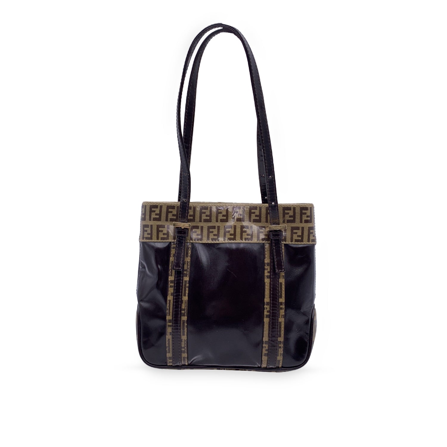 FENDI Brown Vinyl Crystal Canvas Mini Monogram Tote Bag Handbag