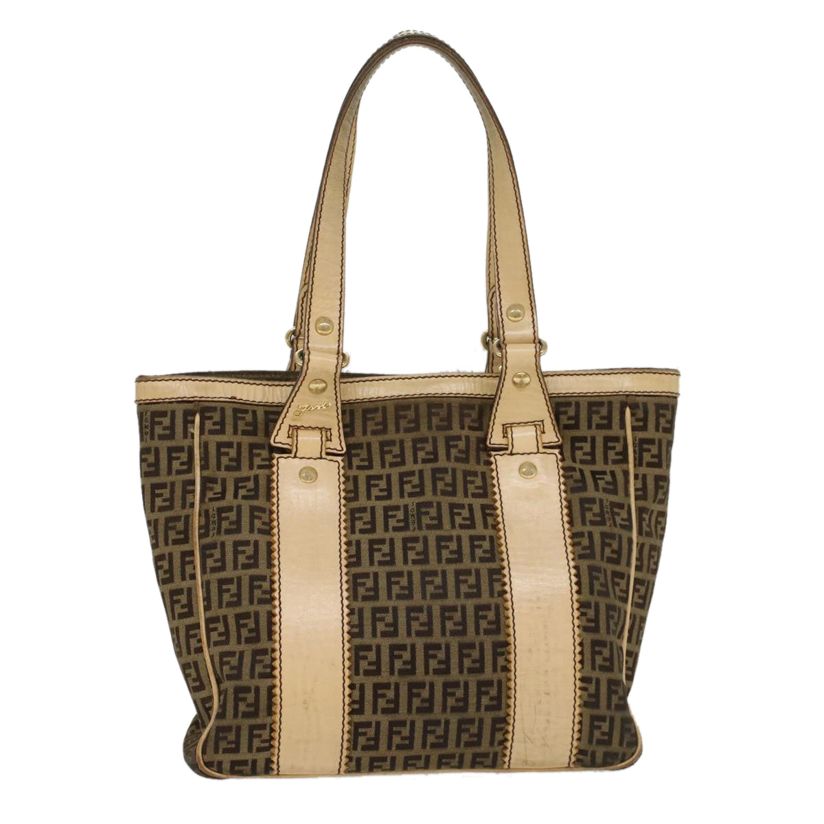 FENDI Zucchino Canvas Shoulder Bag Leather Brown ac2009