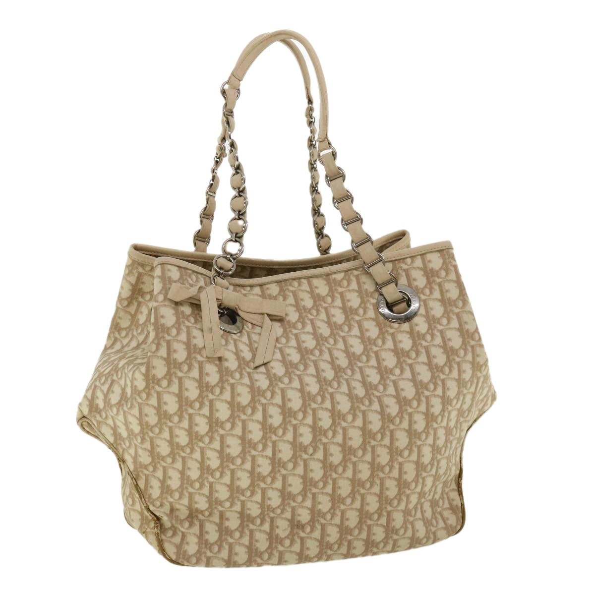 CHRISTIAN DIOR Trotter Canvas Chain Tote Bag PVC Leather Beige am3502