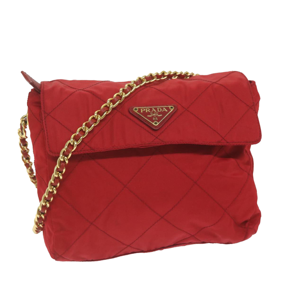 PRADA Quilted Chain Shoulder Bag Nylon Red ar11217