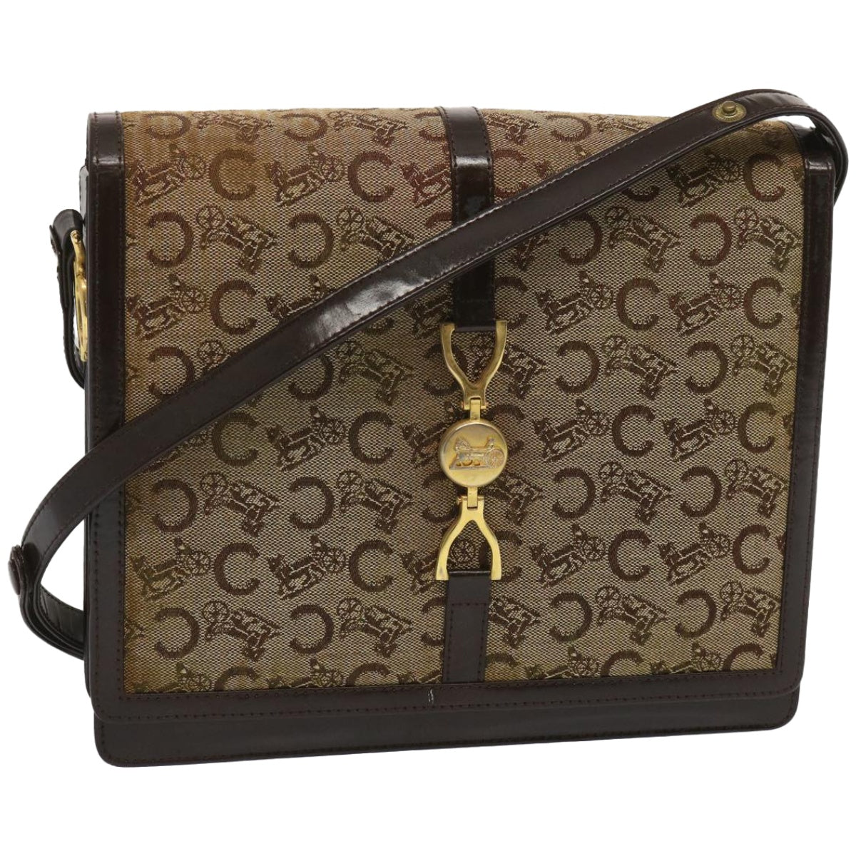 CELINE C Macadam Canvas Shoulder Bag Beige Auth ar11457B