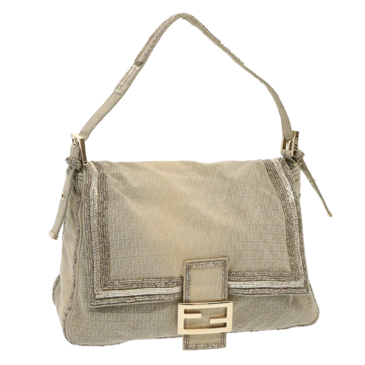FENDI Zucchino Canvas Beads Mamma Baguette Shoulder Bag Grayar11697