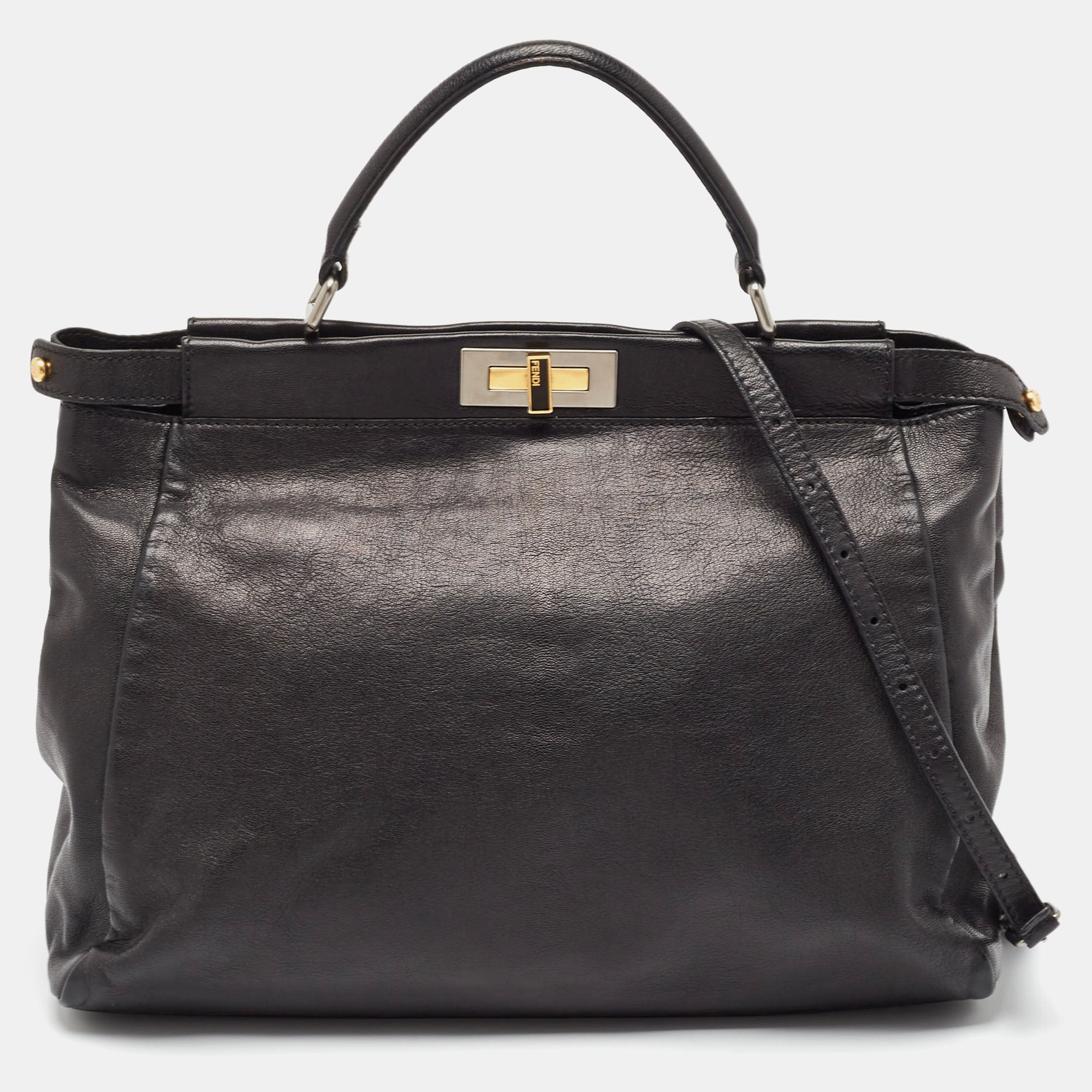 Fendi Black Leather Large Peekaboo Top Handle Bag