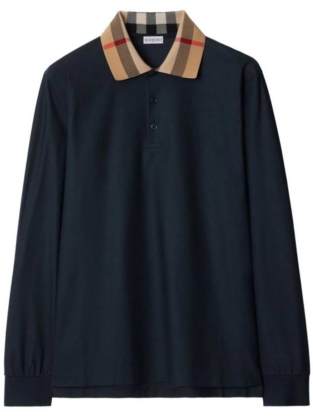 Burberry Check Collar Cotton Pique Long Sleeve Polo Shirt Smoke Navy