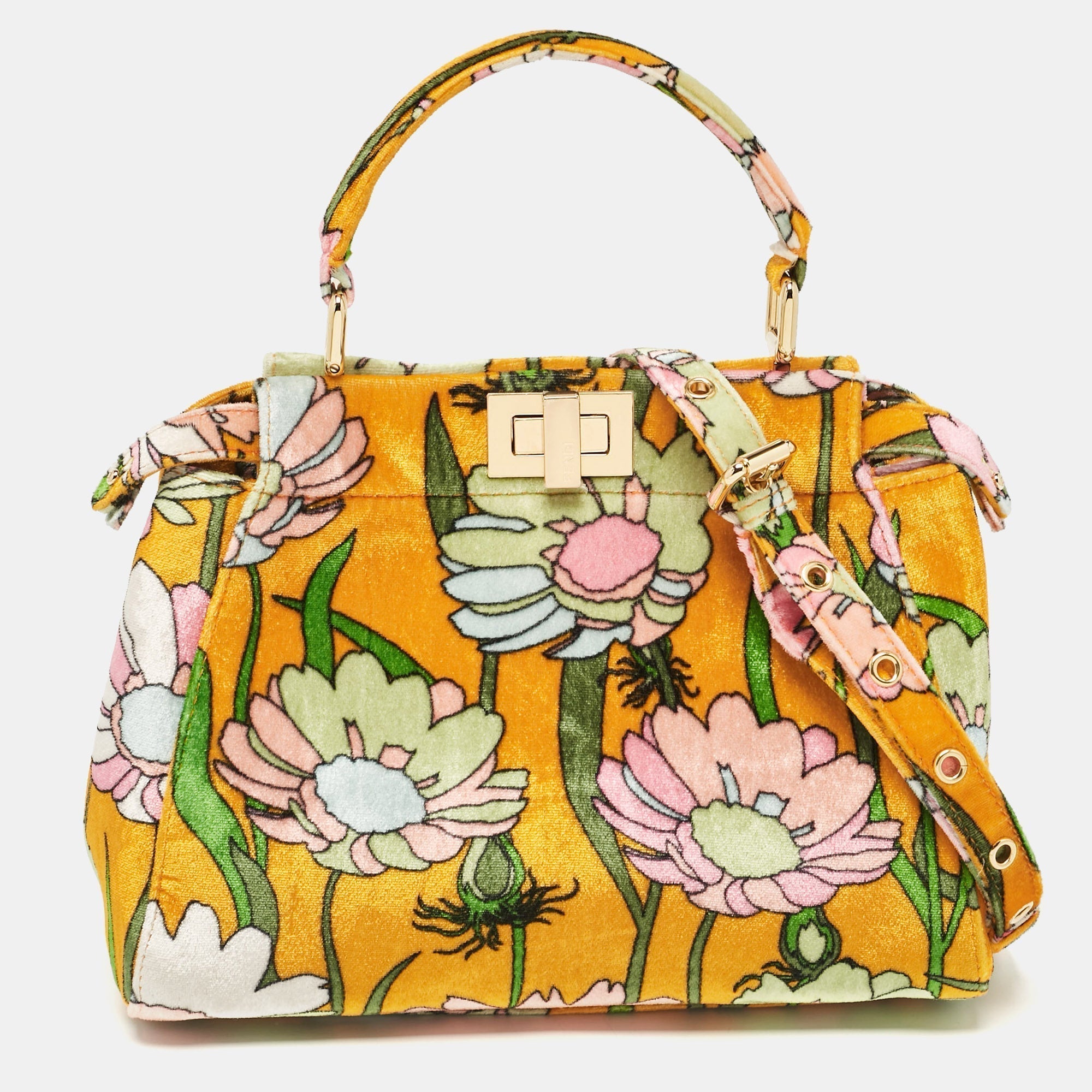 Fendi Multicolor Velvet Mini Floral Peekaboo Top Handle Bag