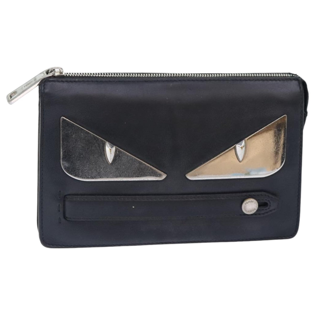 FENDI Clutch Bag Leather Black Silverbs18896