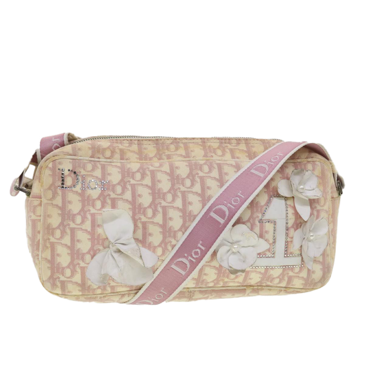 CHRISTIAN DIOR Trotter Canvas Flower Shoulder Bag Pink bs4587