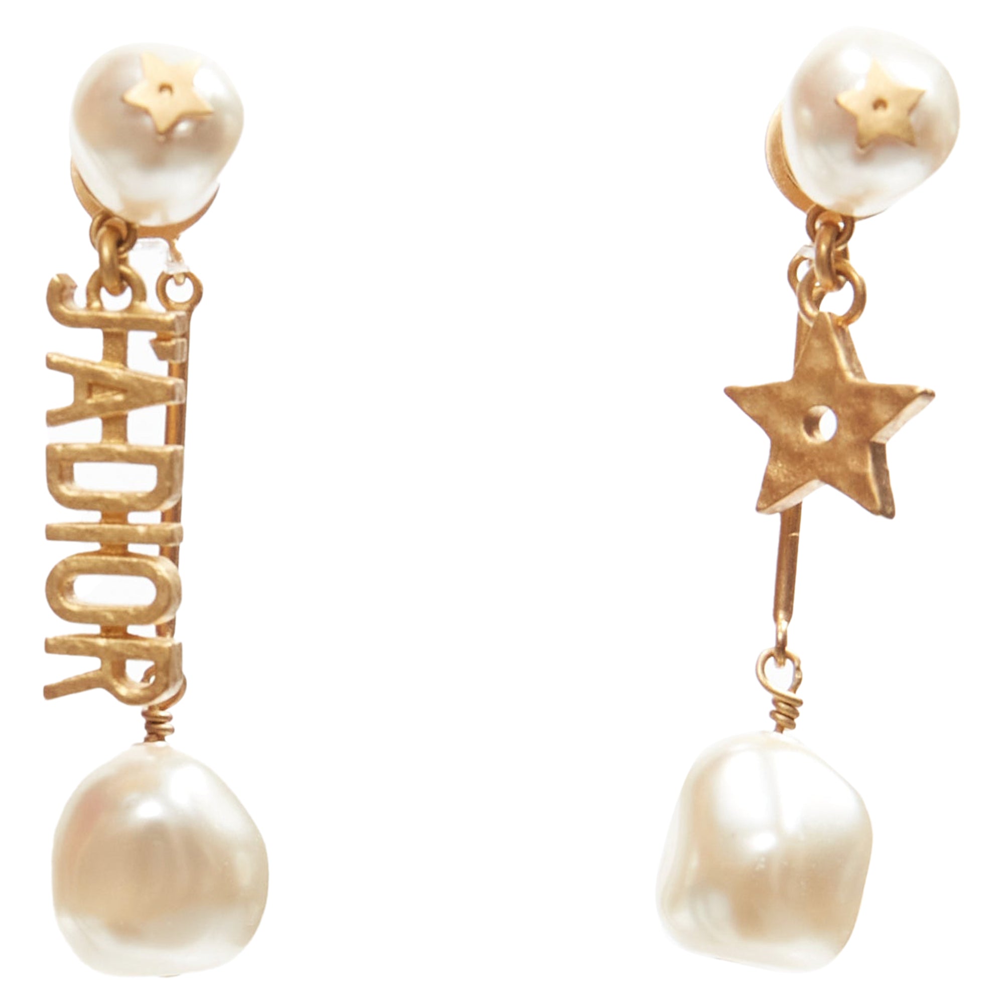 Dior Tribale J'adior pearl logo drop star pin asymmetric stud earrings pair