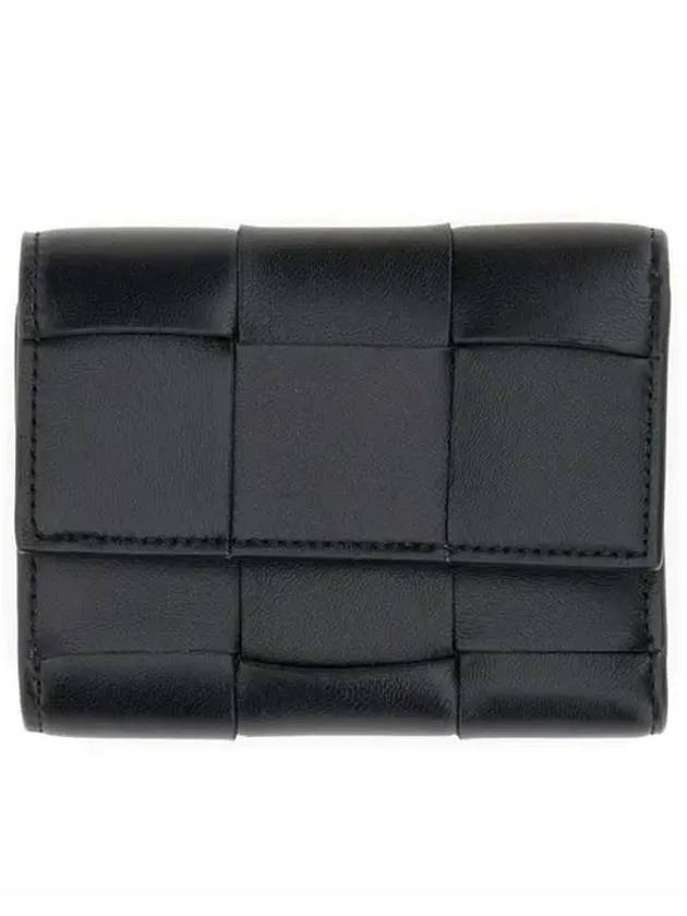 Bottega Veneta Cassette Tri-Fold Zipper Half Wallet Black