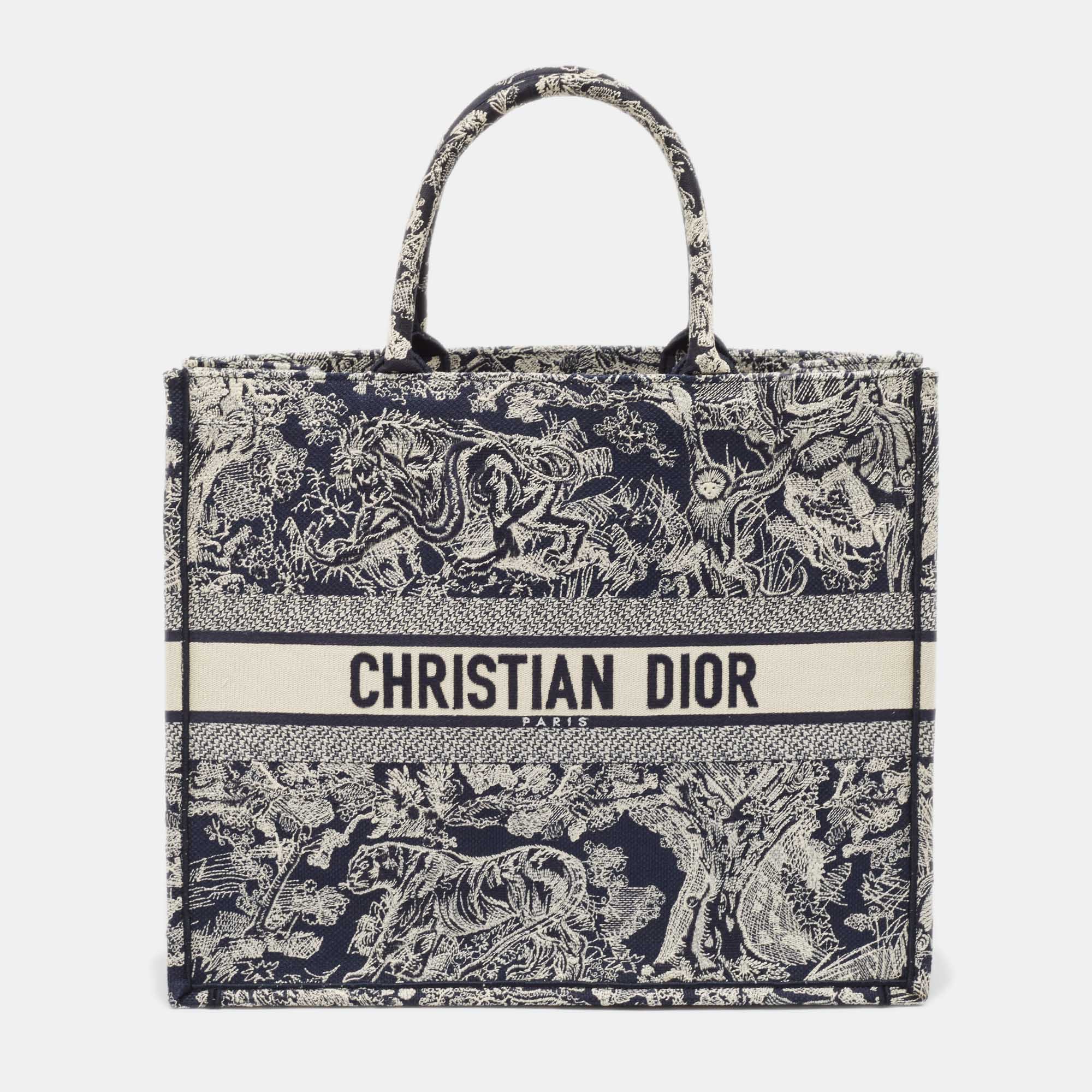 Dior Navy Blue/White Embroidered Canvas Large Reverse Toile de Jouy Book Tote