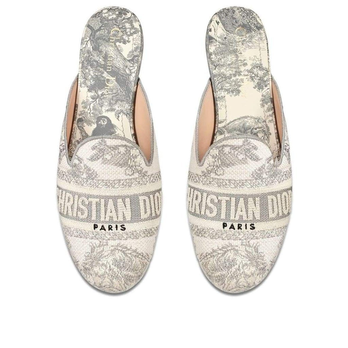 Dior Toile de Jouy Motif Flat Mules in Grey Stone