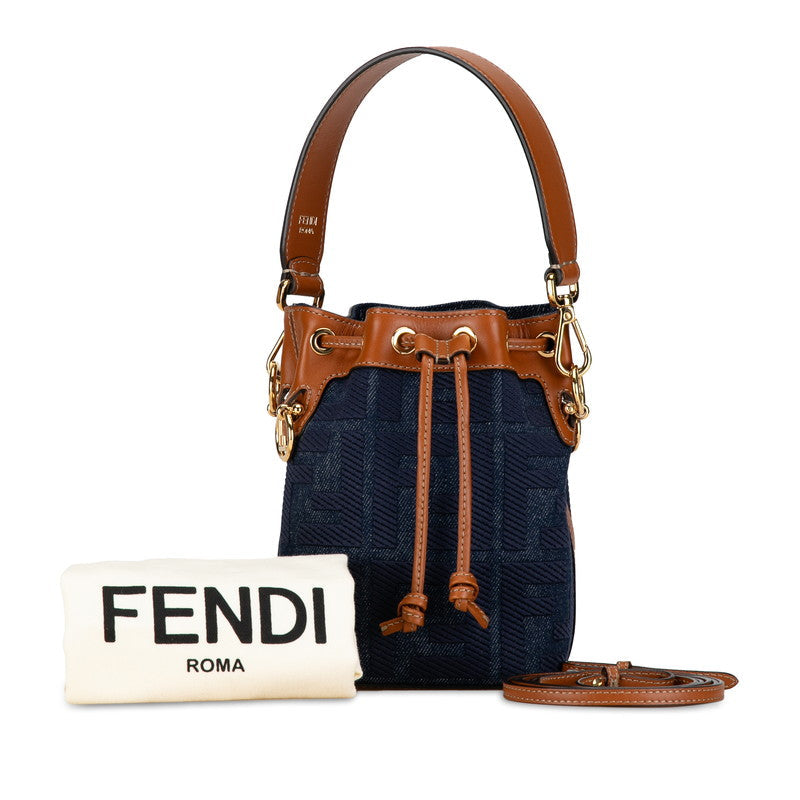 Fendi Zucca Montreux Mini Handbag Shoulder Bag 2WAY 8BS010 Navy Brown Denim Leather Fendi