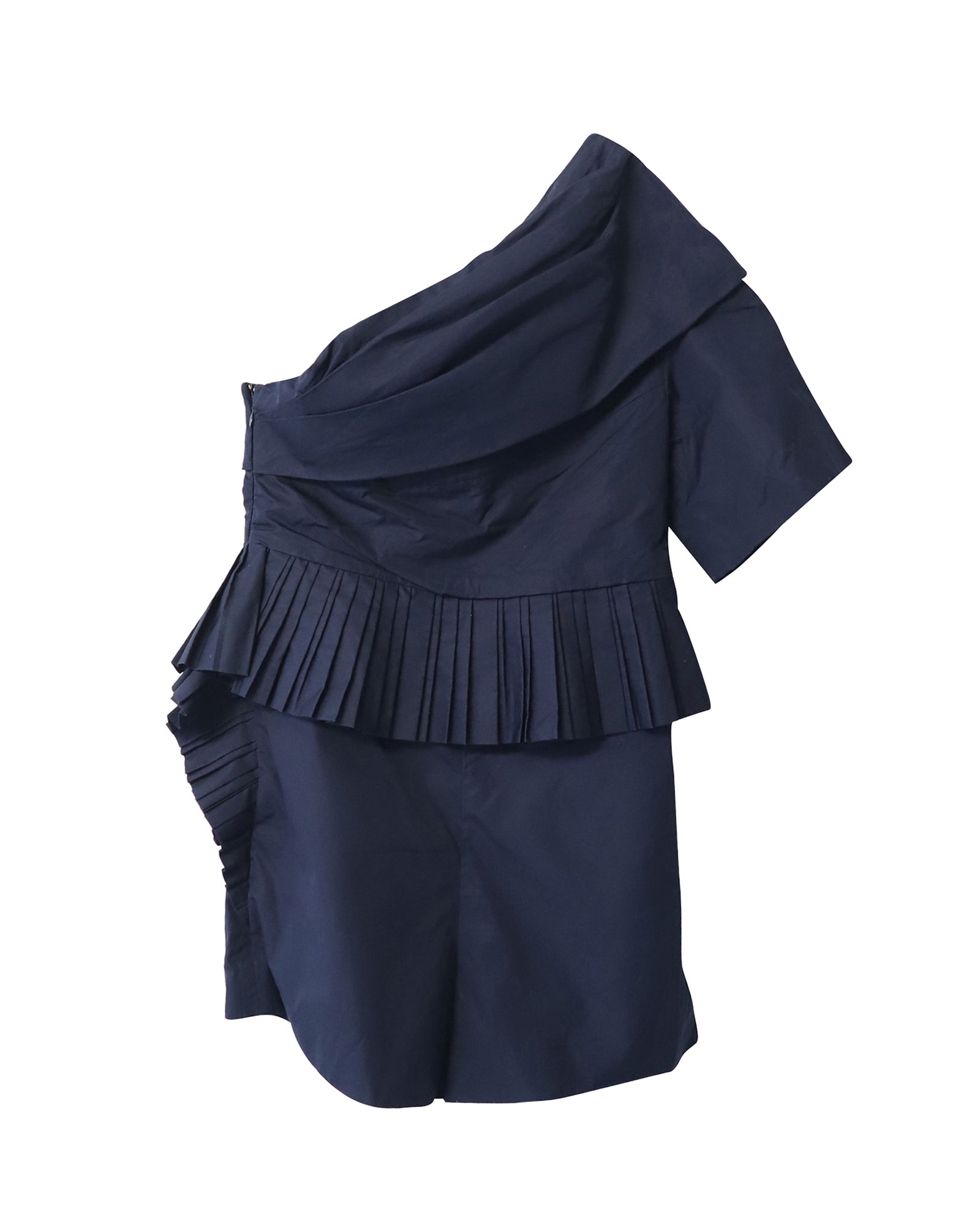 Chloe Asymmetrical Pleated Playsuit in Navy Blue Cotton