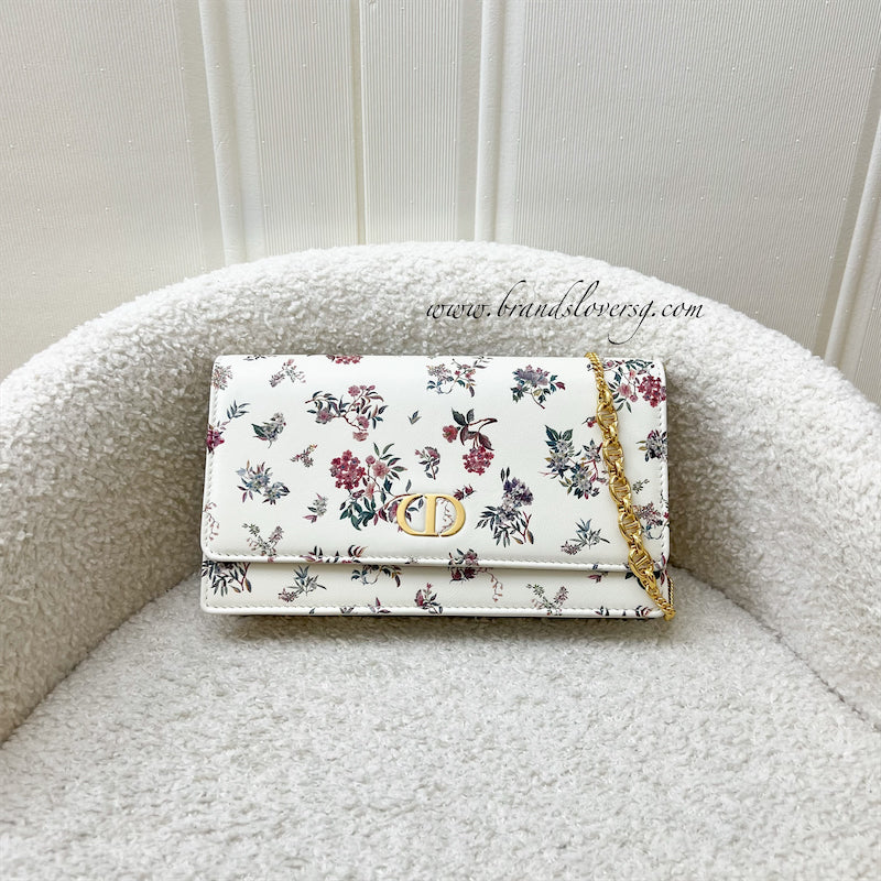 Dior Caro Pouch / Wallet on Chain WOC in White Petites Fleurs Calfskin and GHW