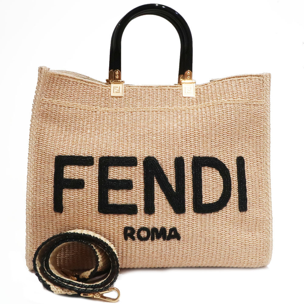 FI Fendi Sunshine Medium 8BH386 Hand Shoulder Bag 2WAY Straw Material Beige G Excellent Woodwear