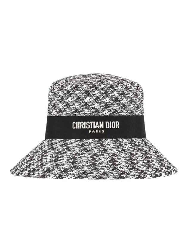 D-Bobby Houndstooth Large Straw Bucket Hat White Black Dior