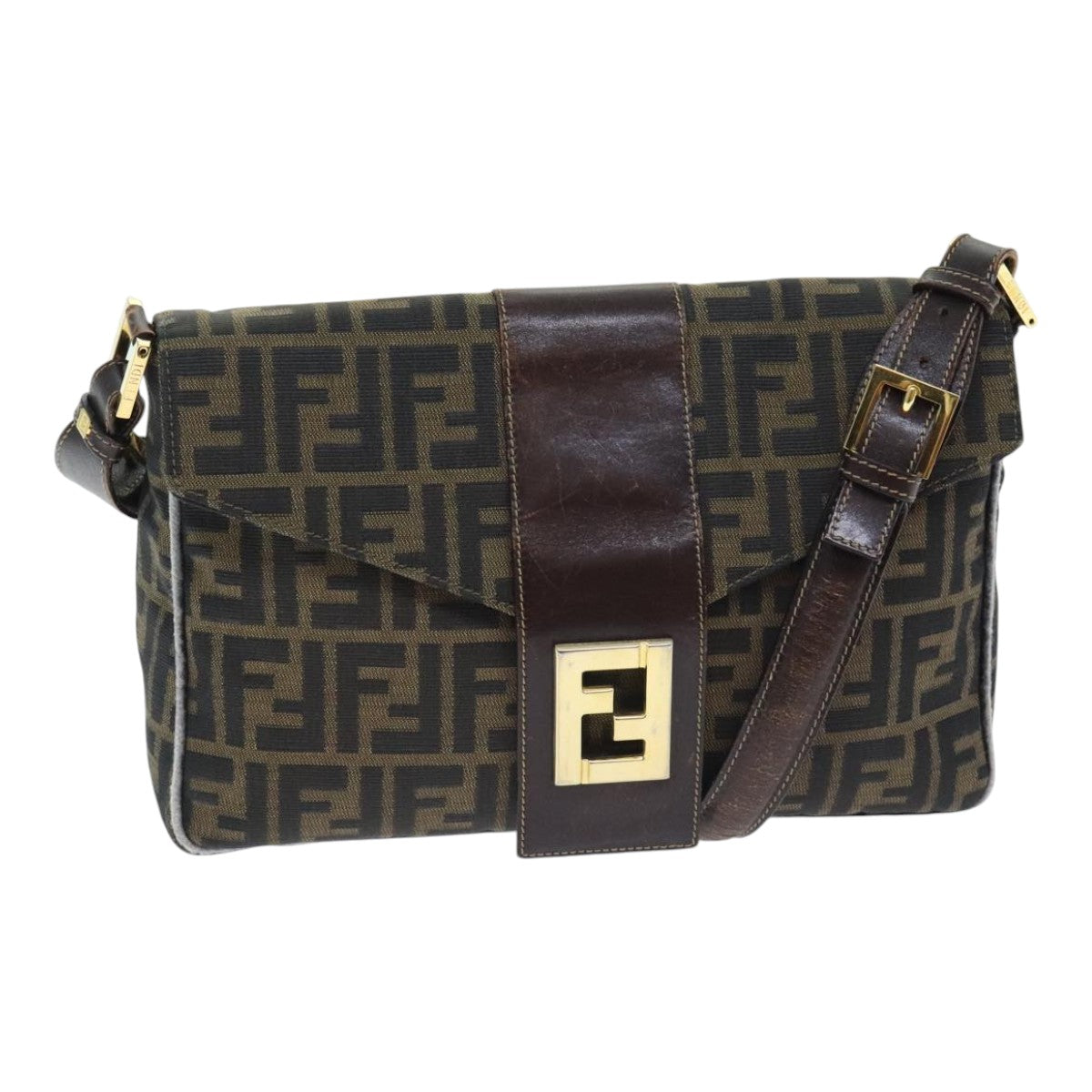 FENDI Zucca Canvas Shoulder Bag Brown Black Goldep5919