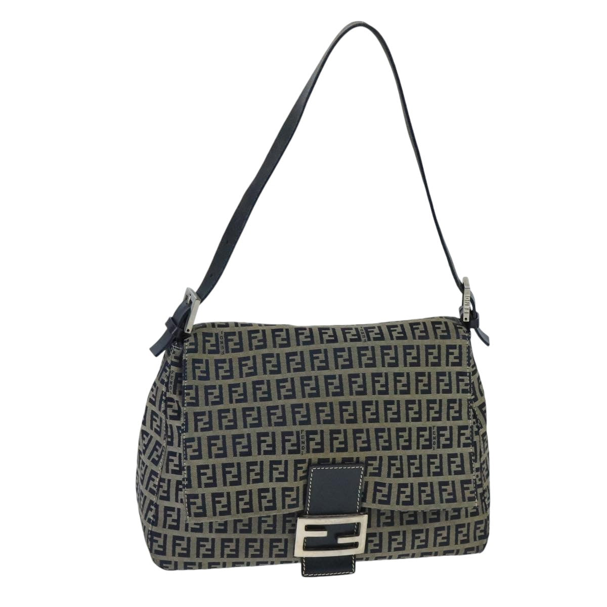 FENDI Zucchino Canvas Mamma Baguette Shoulder Bag Navy Silverep6613