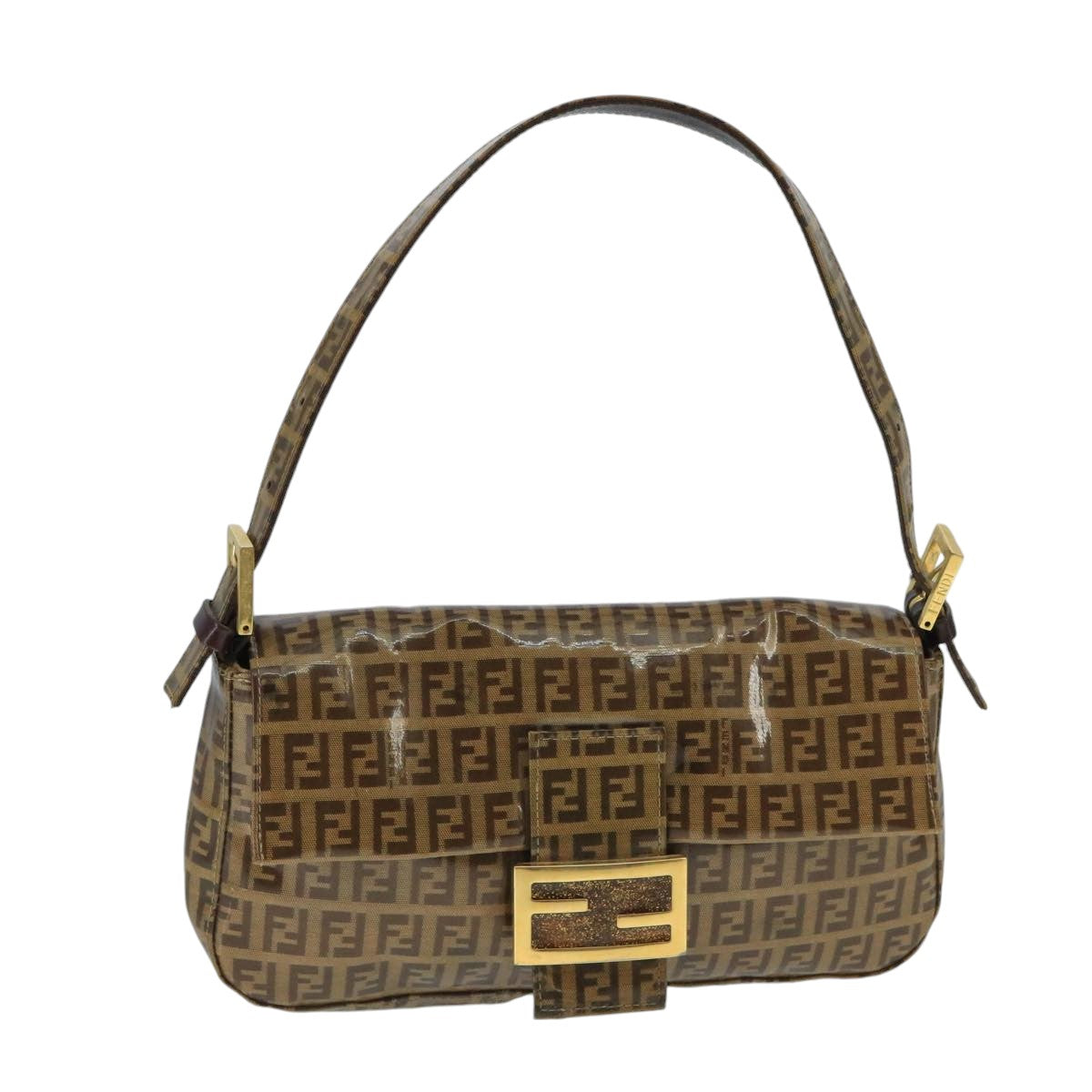 FENDI Zucchino Canvas Mamma Baguette Shoulder Bag Enamel Brown Goldep6615
