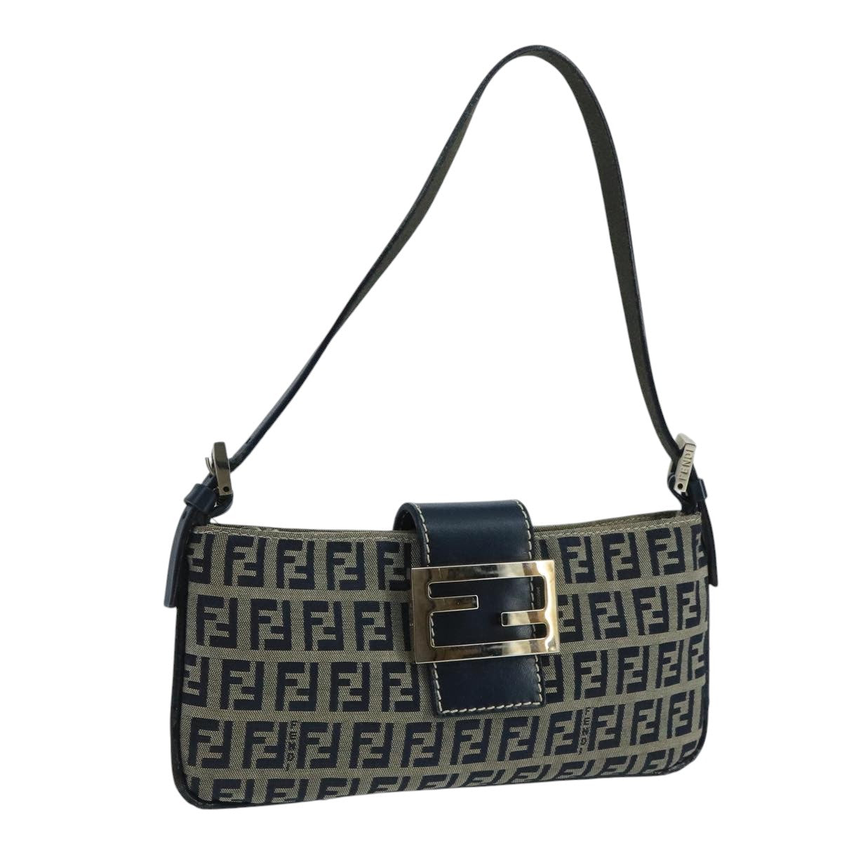 FENDI Zucchino Canvas Mamma Baguette Shoulder Bag Navy Silverep6828