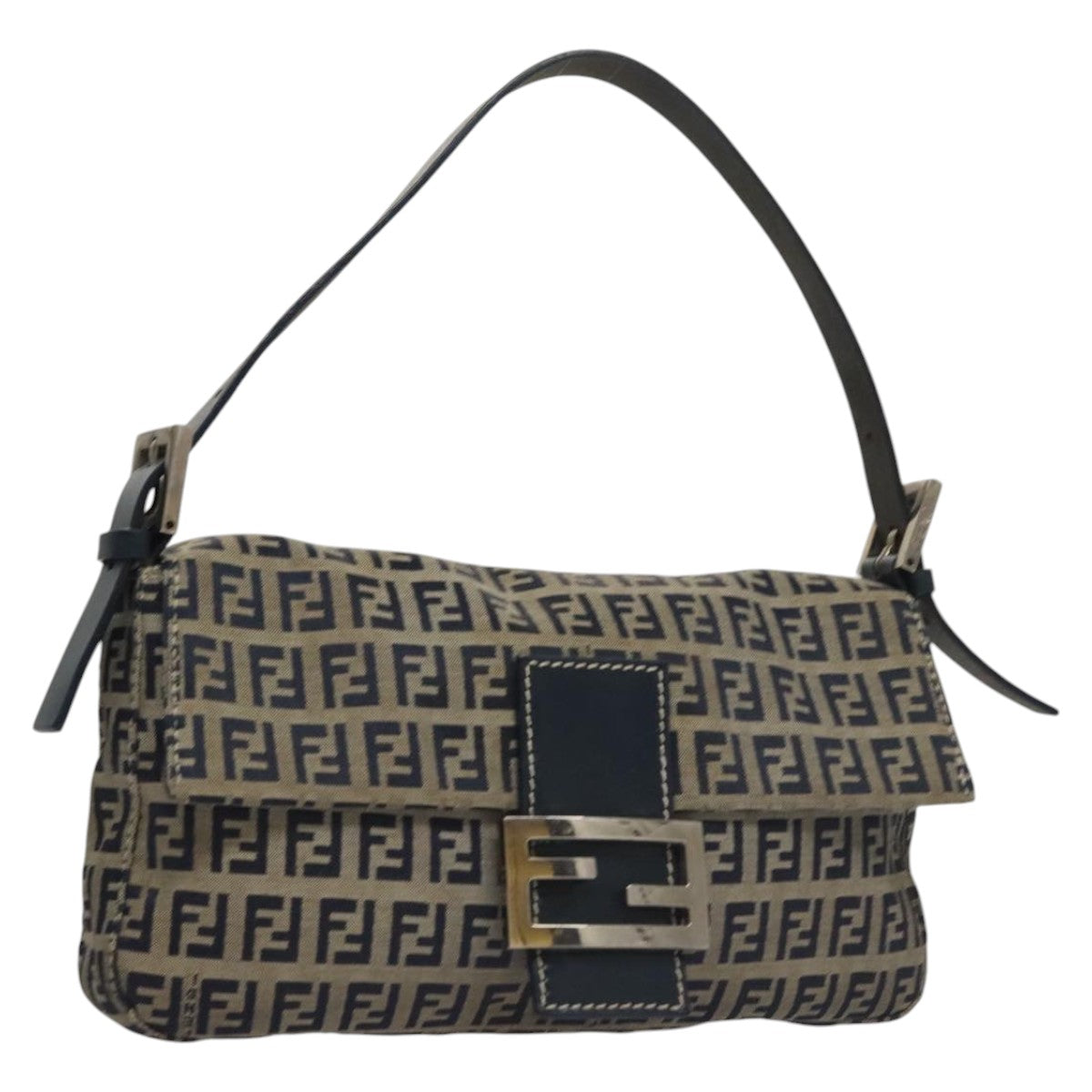FENDI Zucchino Canvas Mamma Baguette Shoulder Bag Navyep7212