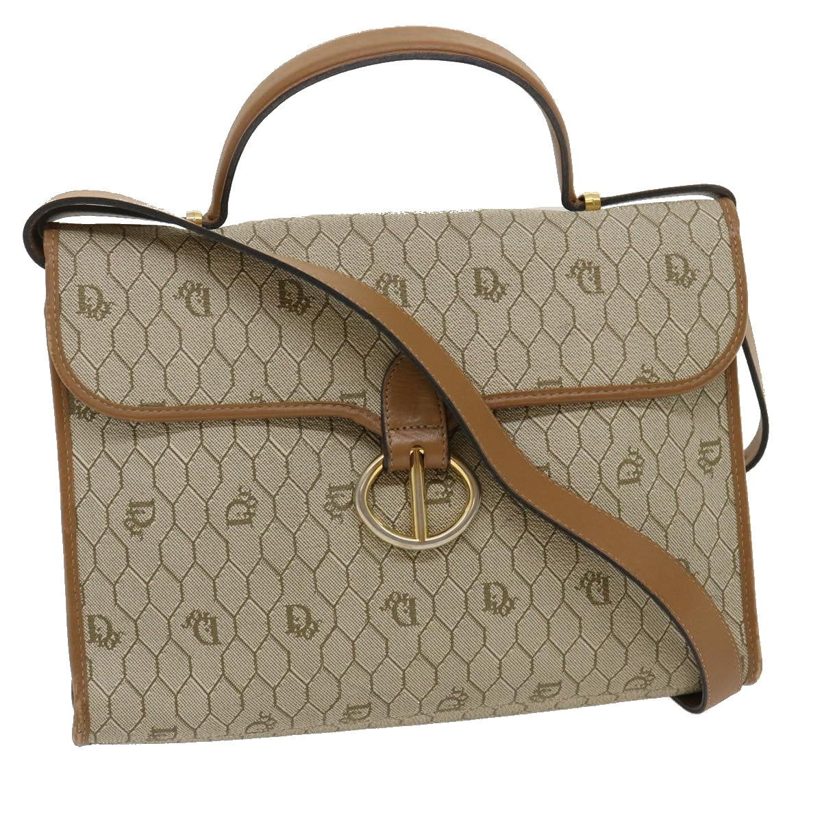 CHRISTIAN DIOR Honeycomb Canvas Hand Bag PVC Leather 2way Beige am2383g