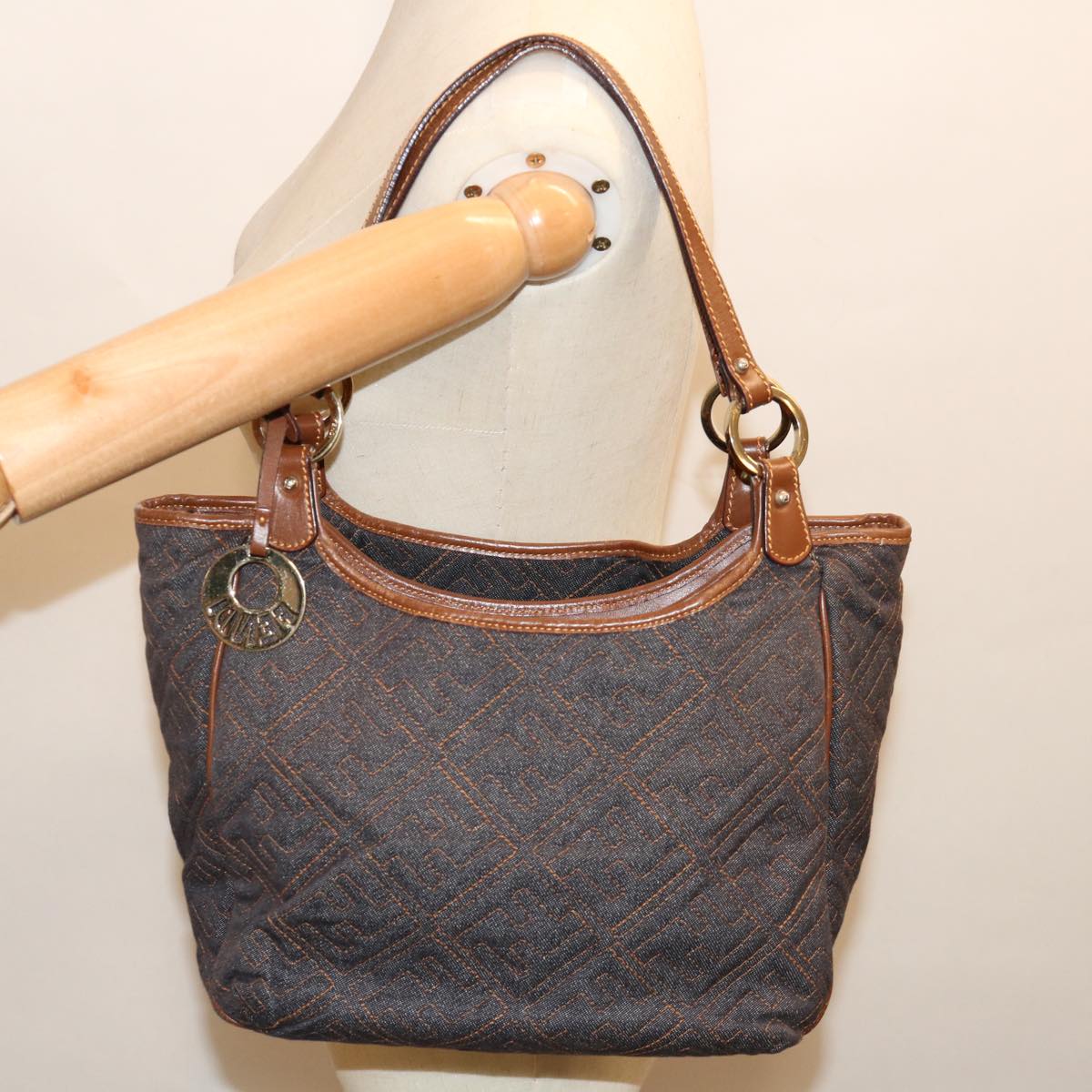FENDI Zucca Canvas Shoulder Bag Navy Brownhk1233