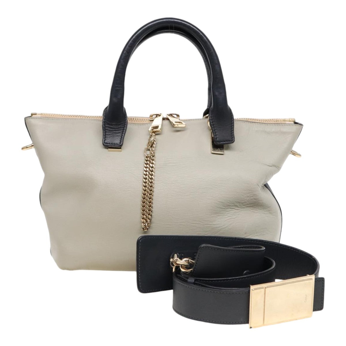 Chloe Bailey Hand Bag Leather 2way Navy Gray gold hk1582