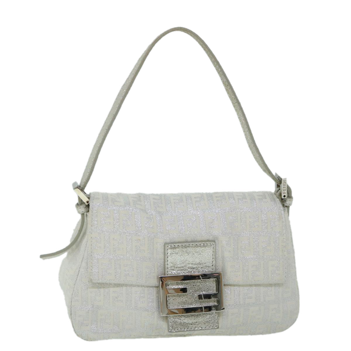 FENDI Zucchino Canvas Mamma Baguette Shoulder Bag Silverhk852