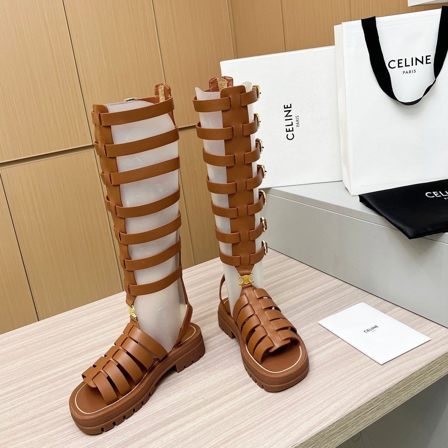 Celine Triomphe high boots leather buckles Ginggerbread Brown