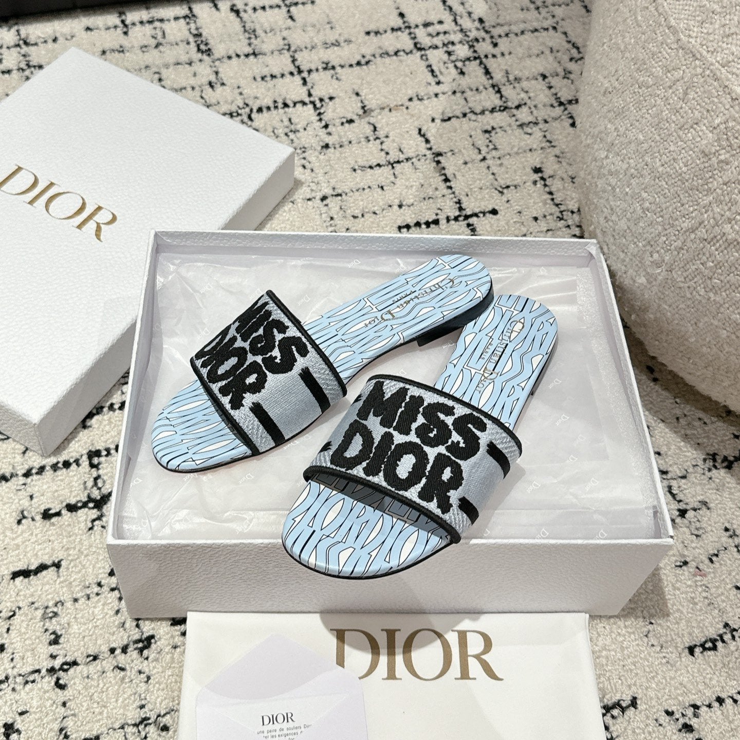 DIOR Dway Slide Blue Black Embroidered Cotton