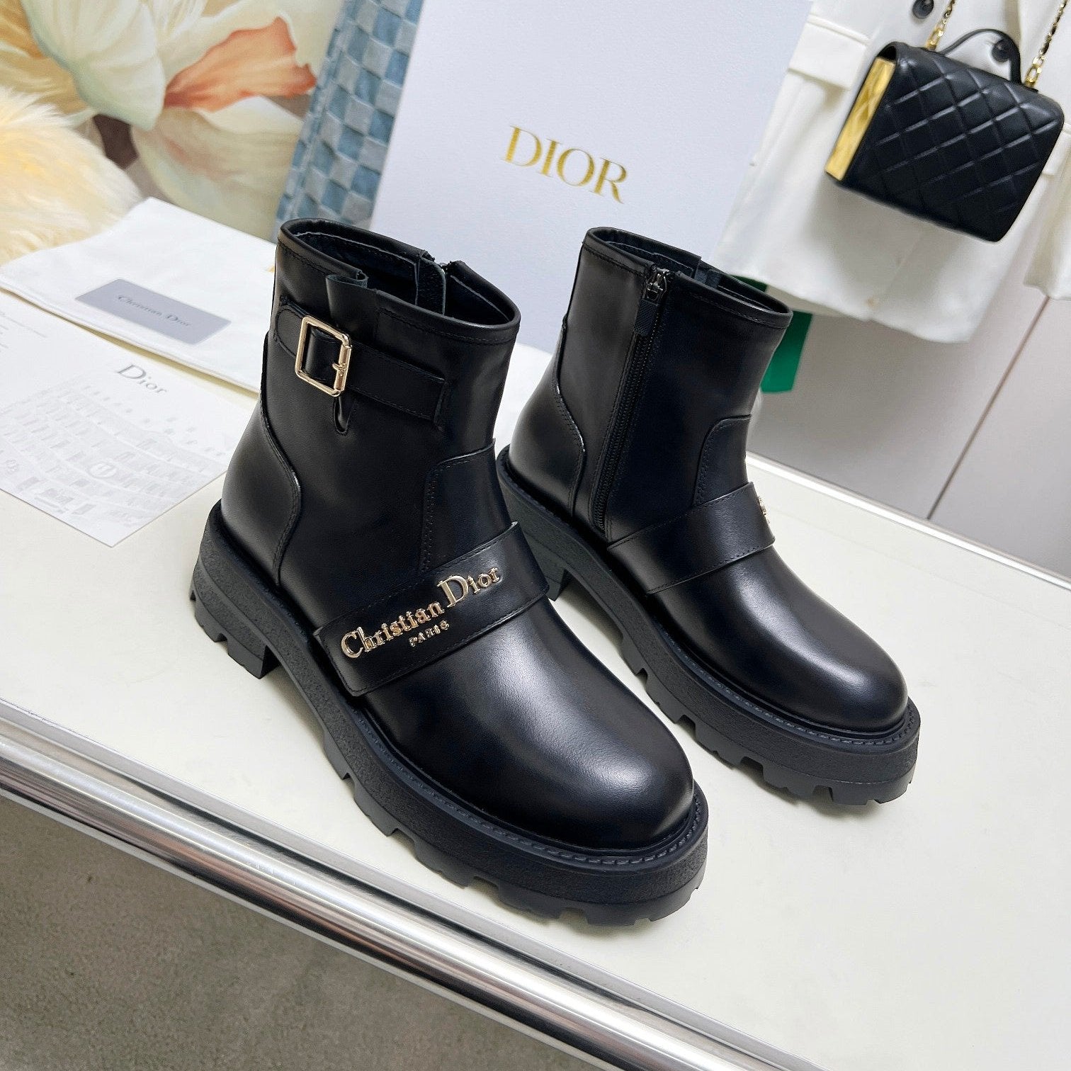 DIOR D-Quest Ankle Boot Plain Black Calfskin