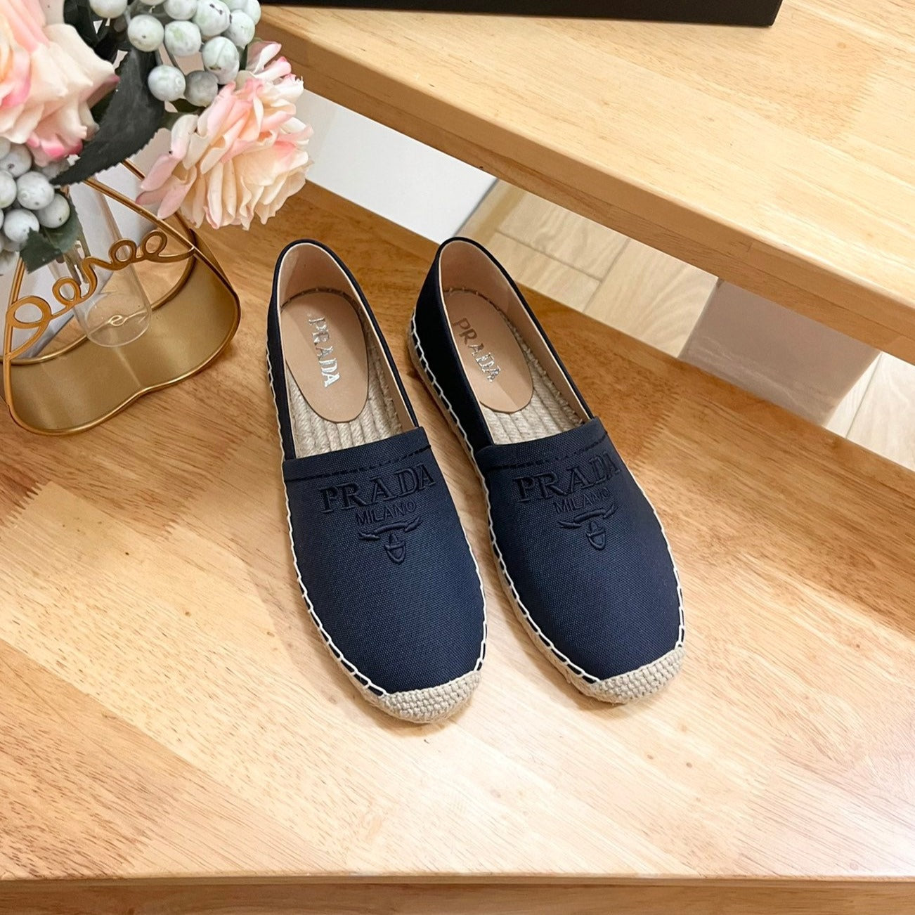 PRADA ESPADRILLES LOAFERS NAVY LINEN FABRIC