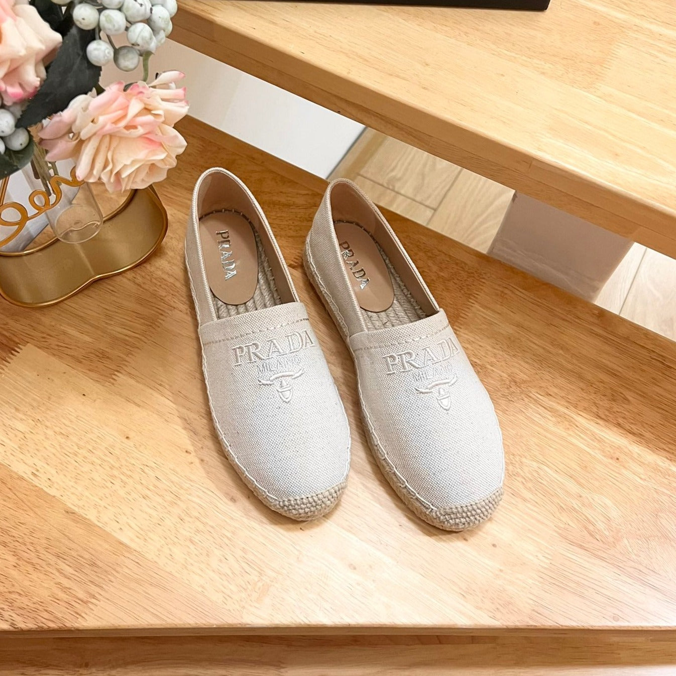 PRADA ESPADRILLES LOAFERS CREAMY WHITE LINEN FABRIC