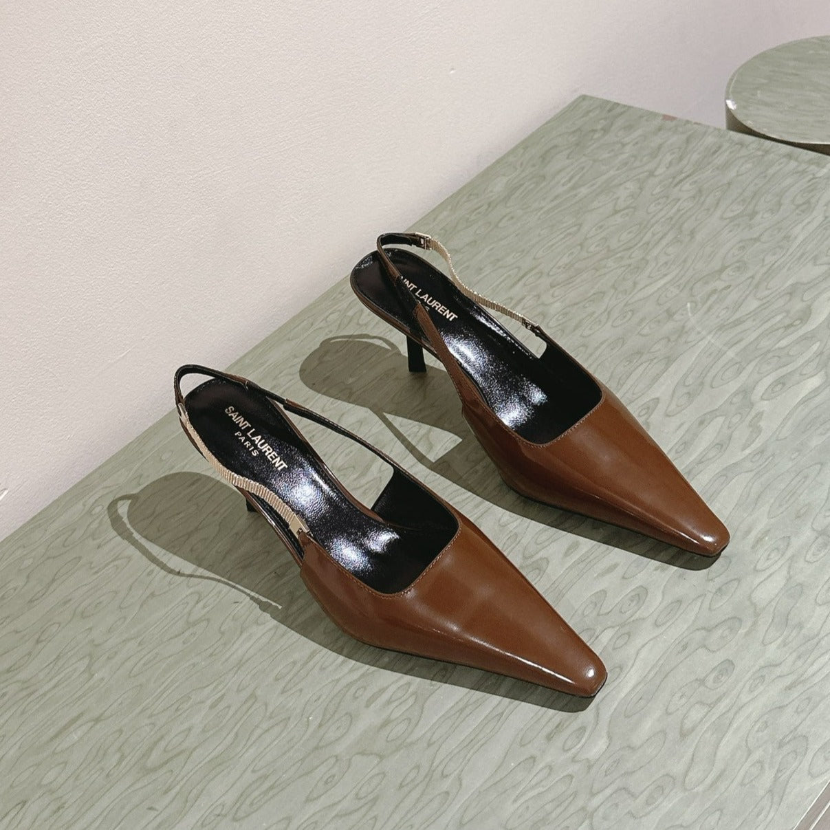 Saint Laurent BLAKE SLINGBACK PUMPS 80 IN BROWN PATENT LEATHER