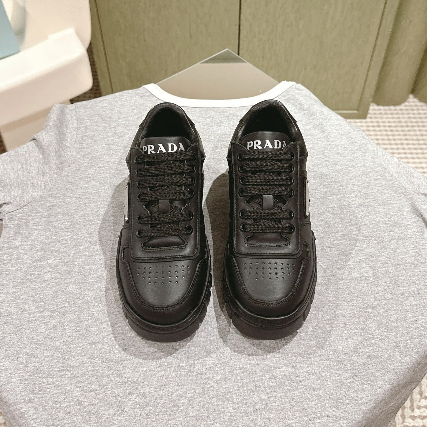 PRADA FLATFORM SNEAKERS BLACK CALFSKIN