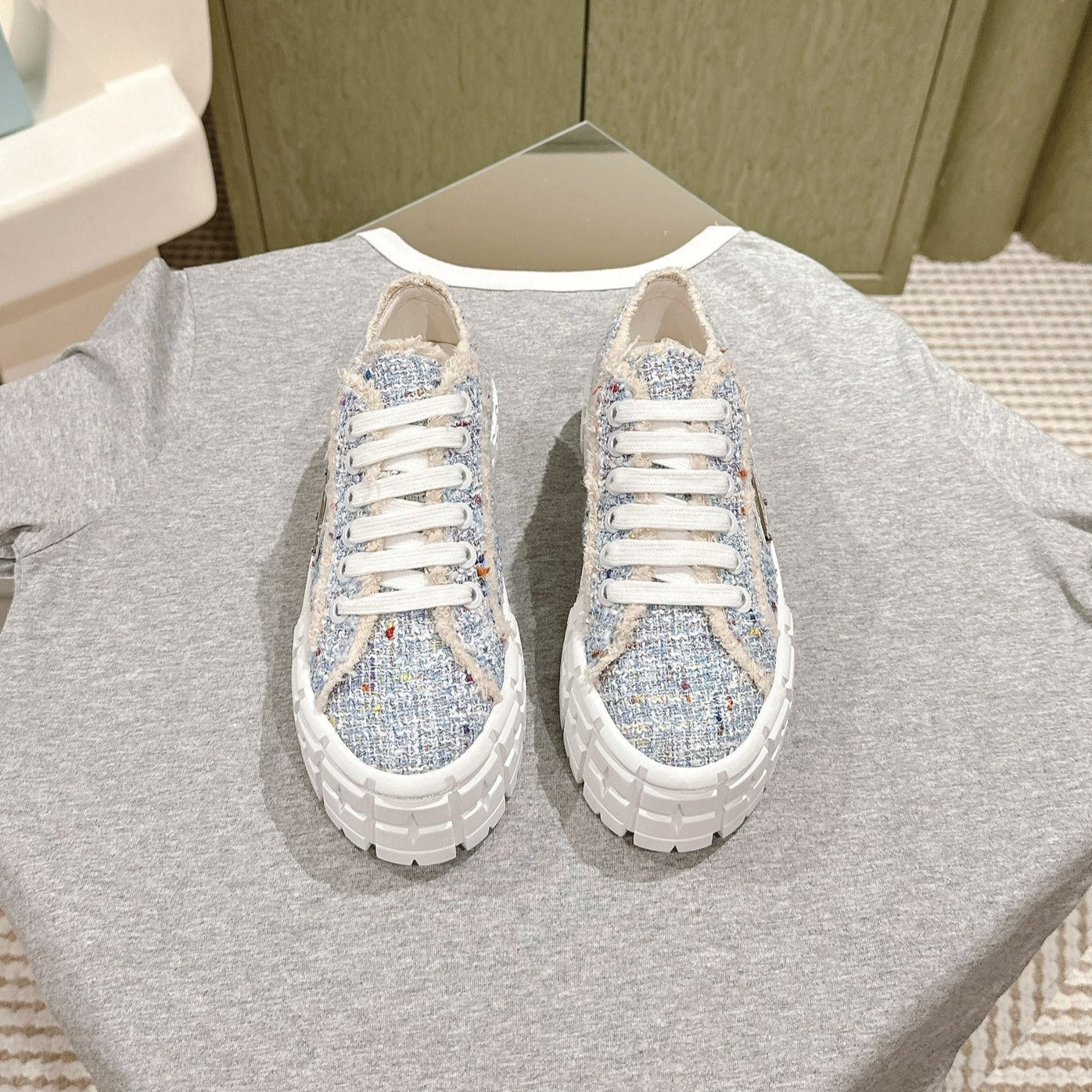 PRADA DOUBLE WHEEL RE-NYLON GABARDINE SNEAKERS SKY FABRIC